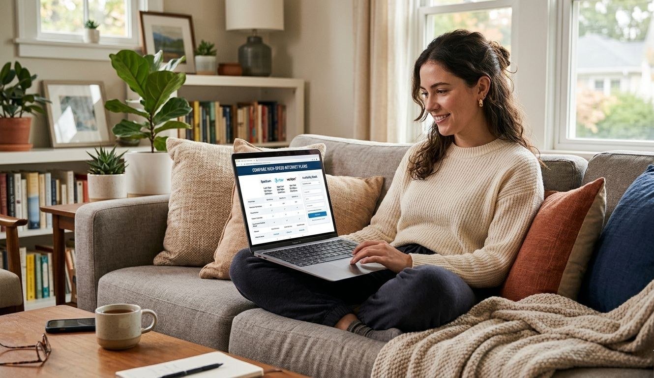 Woman comparing high-speed internet plans on a laptop at home